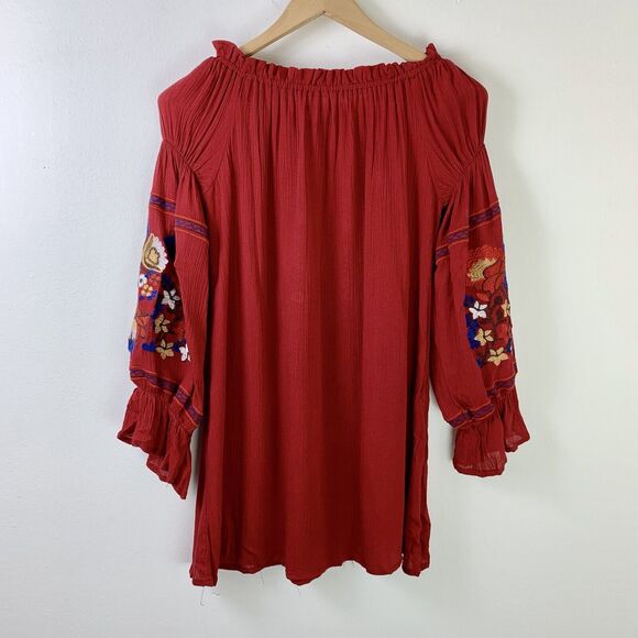 R Vivimos Floral Embroidered Off the Shoulder Boho  Dress Maroon Small Festival - Picture 5 of 7